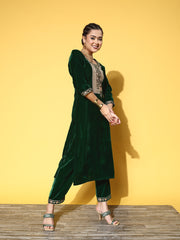 green embroidered kurta set with embroidered dupatta