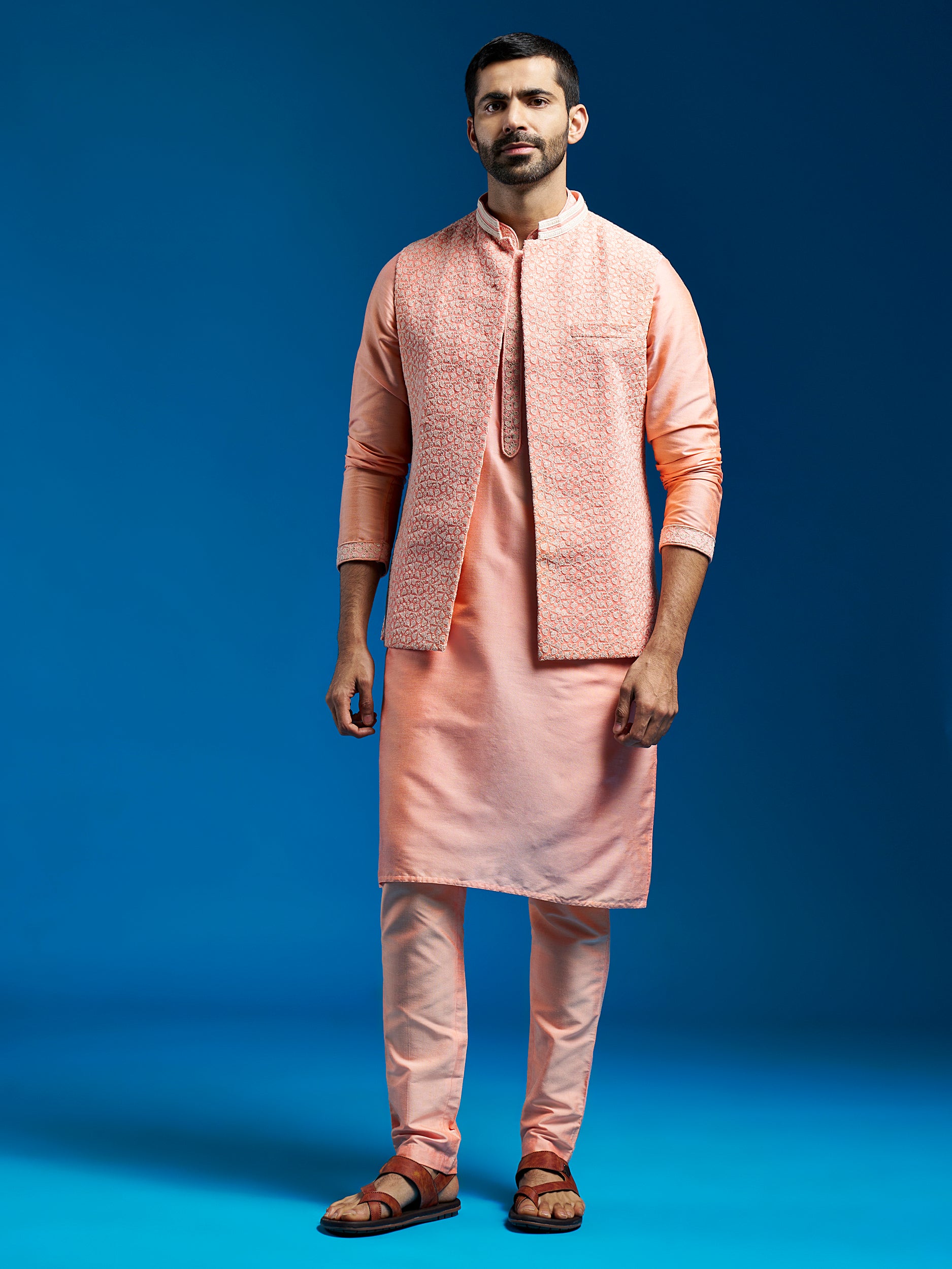 Men's Pink Viscose Jacket,Kurta And Pyjama Set.