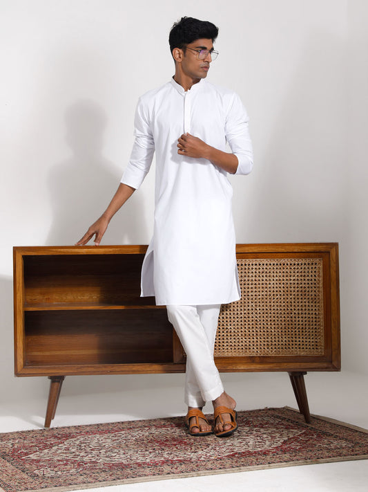 Men's White Cotton Silk Kurta Pyjama Set