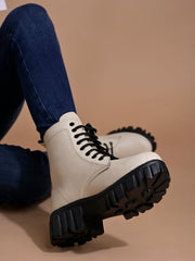 Shoetopia Smart Casual Mid Top Cream Boots For Women & Girls