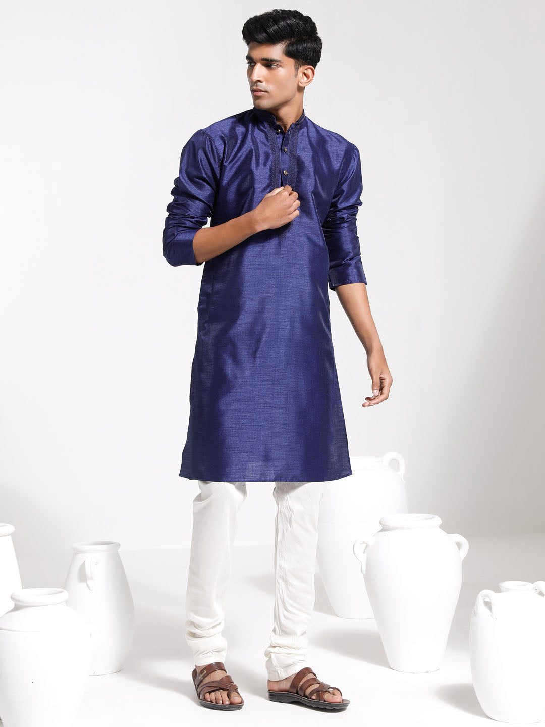 Men's Navy Blue And Cream Dupion Silk Kurta Pyjama Set