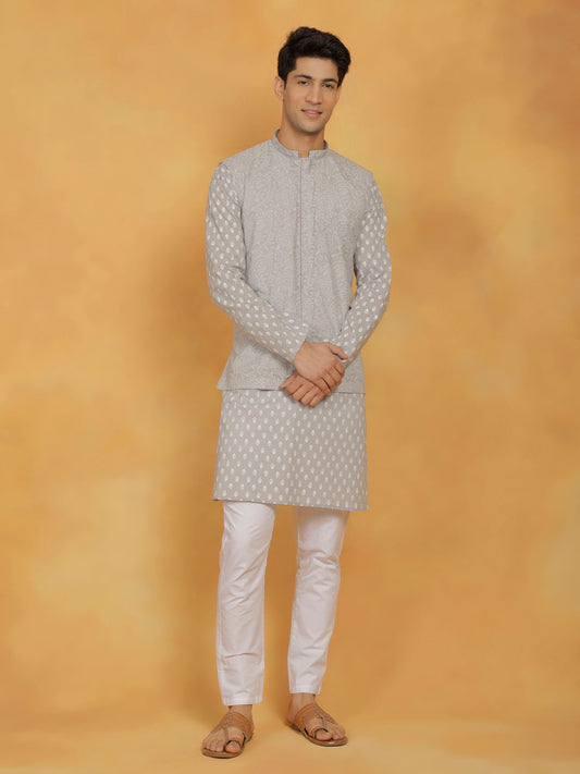 Men's Gray And White Cotton Jacket, Kurta and Pyjama Set