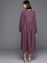 Varanga Women Mauve V-Neck, Bishop Sleeves, Gathered Details  Calf Length A-Line Dress, Flared Hem