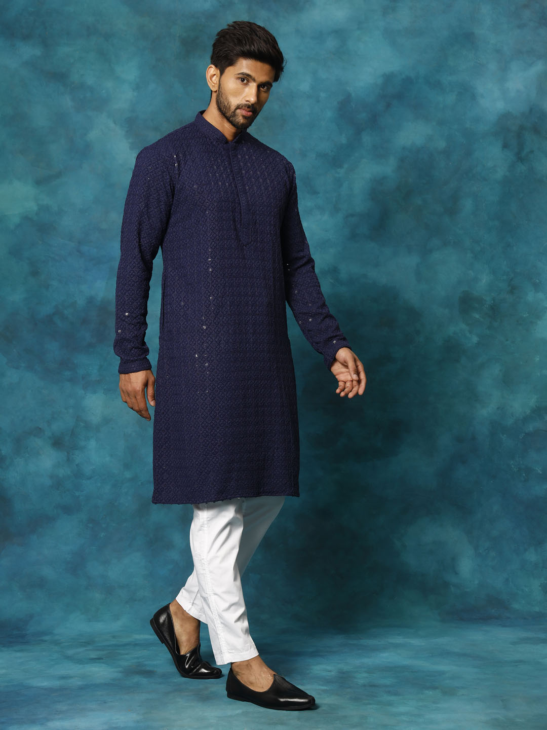 Men's Navy Blue And White Rayon Cotton Kurta Pyjama Set