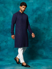 Men's Navy Blue And White Rayon Cotton Kurta Pyjama Set