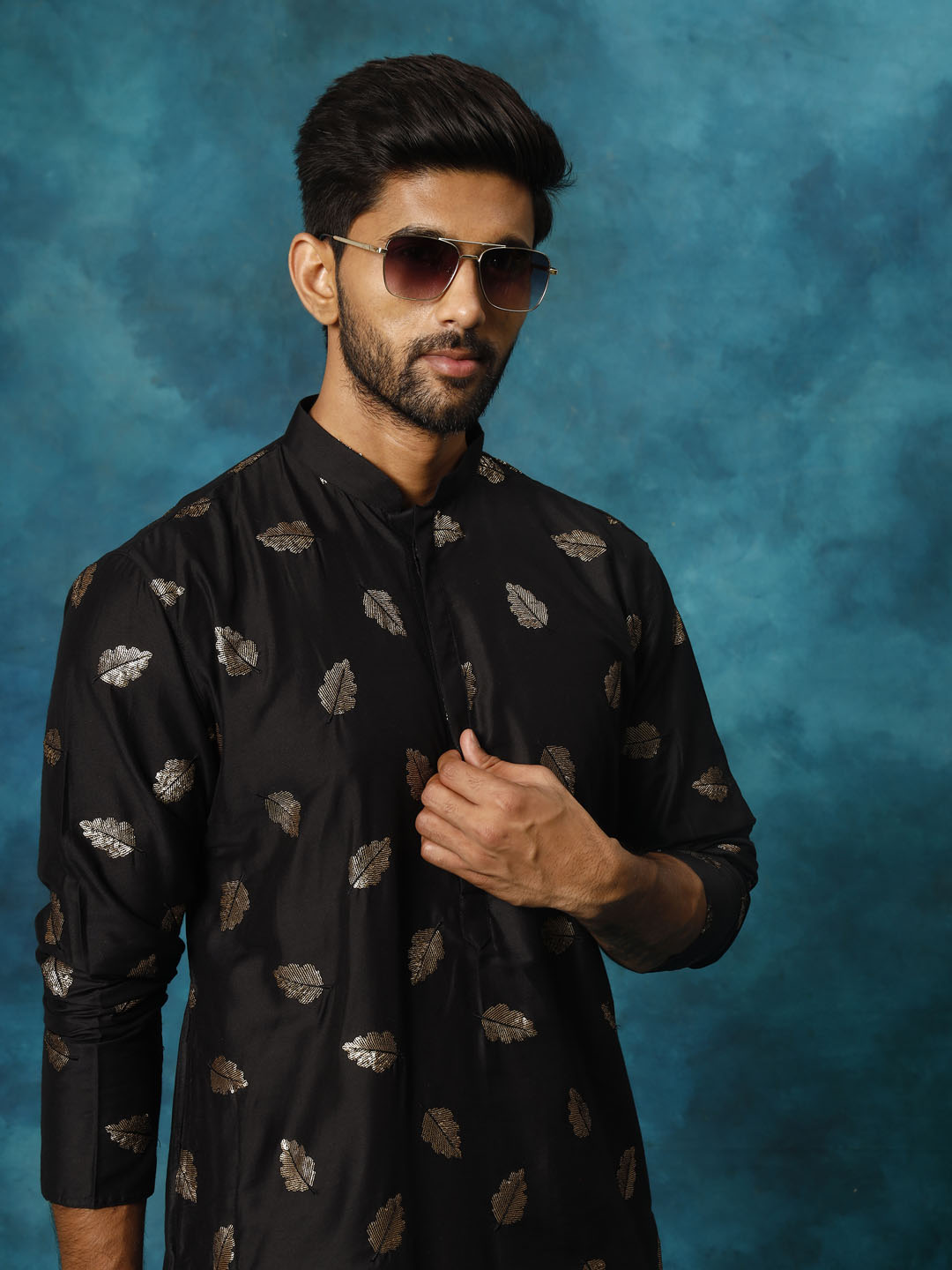 Men's Black Cotton Blend Kurta Pyjama Set