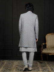 Men's Aqua And Powder Blue Viscose Sherwani Set