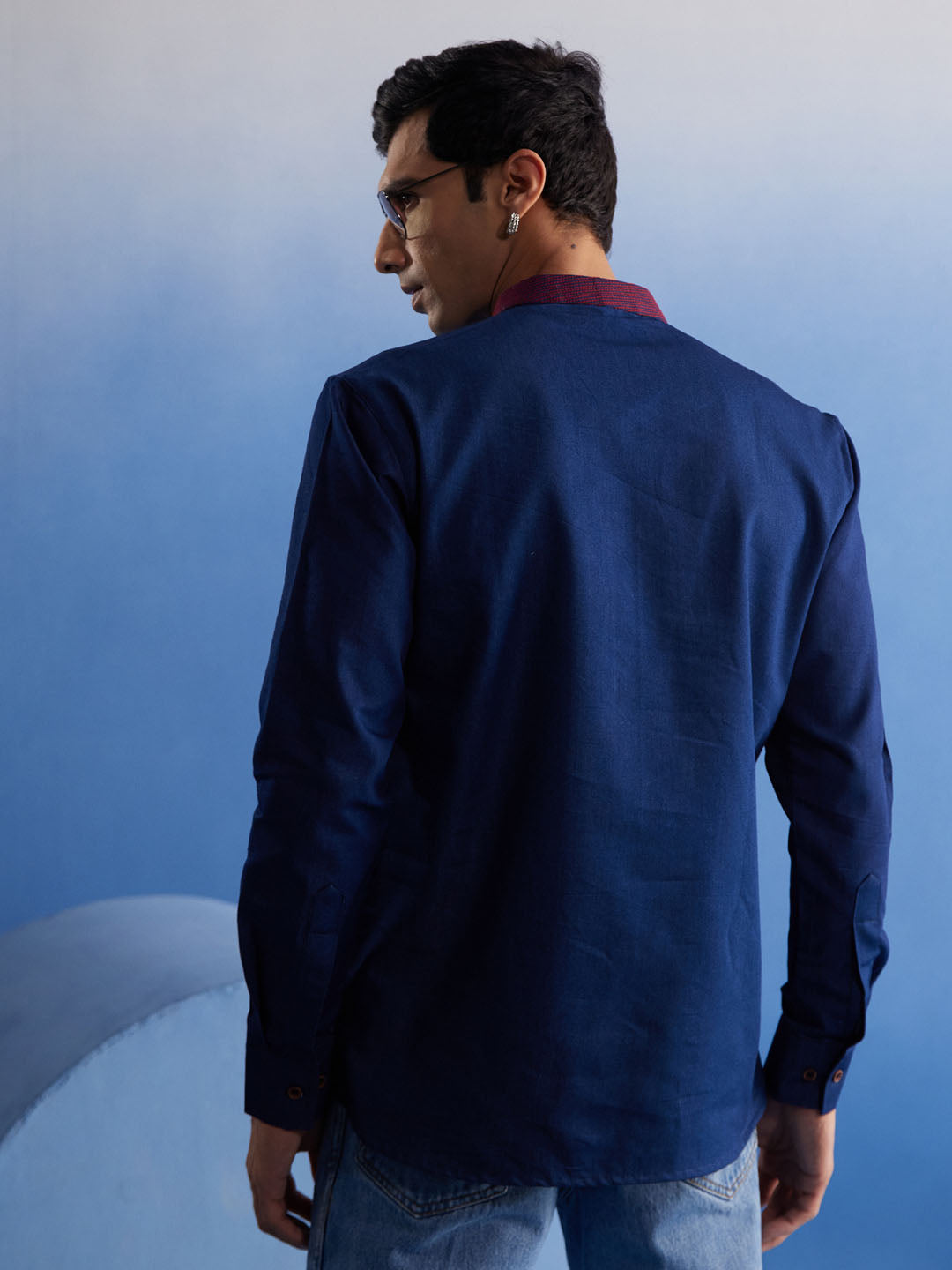 Men's Navy Blue Denim Short Kurta