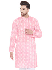 Men's Pink and White Cotton Kurta