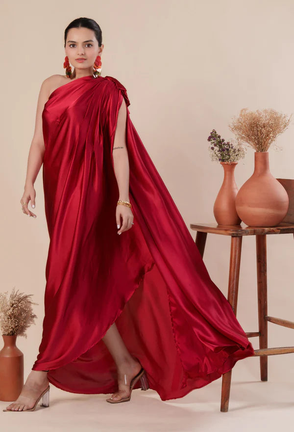 MUSH- Women Stylist Maroon Red One Shoulder Pleated And Drape Style Satin Gown