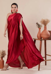 Women Stylist Maroon Red One Shoulder Pleated And Drape Style Satin Gown