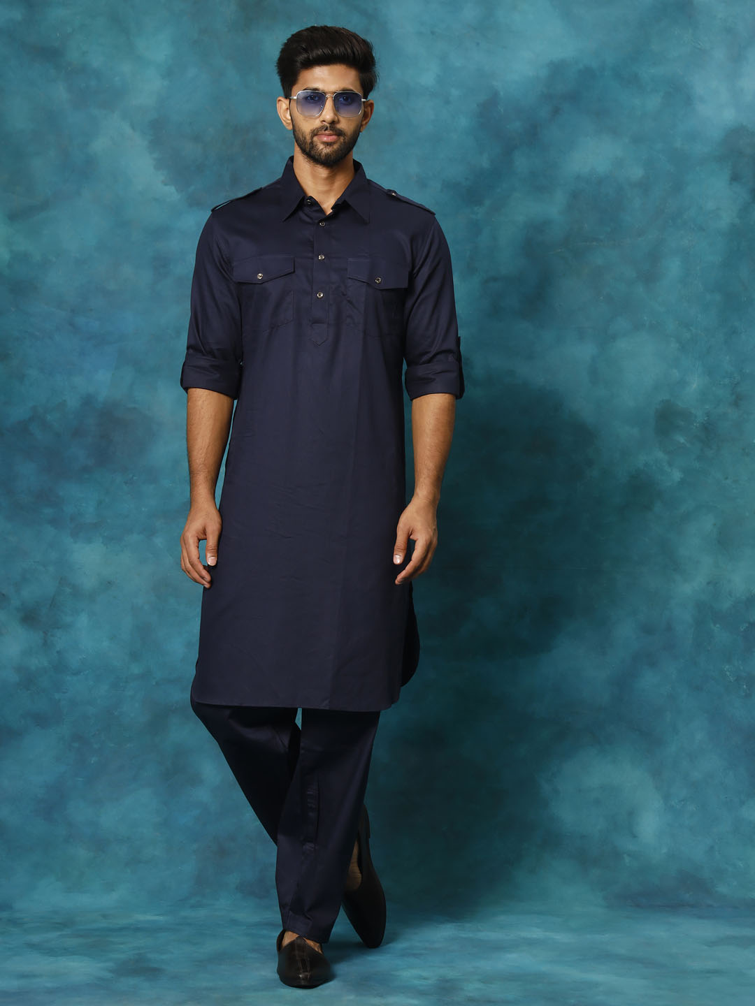 Men's Blue Cotton Blend Pathani Kurta Set