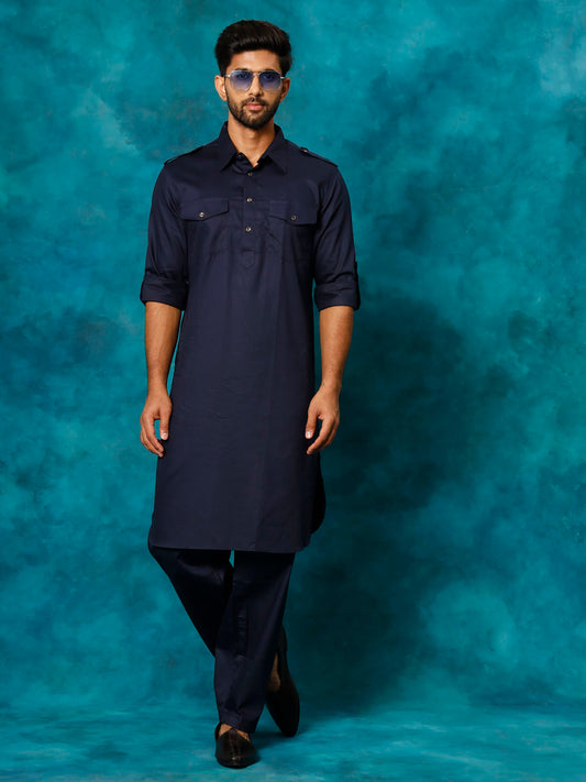 Men's Blue Cotton Blend Pathani Kurta Set