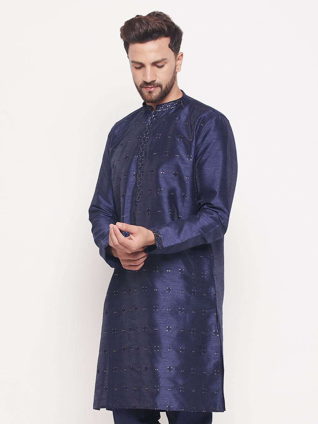 Men Navy Blue Silk Blend Kurta