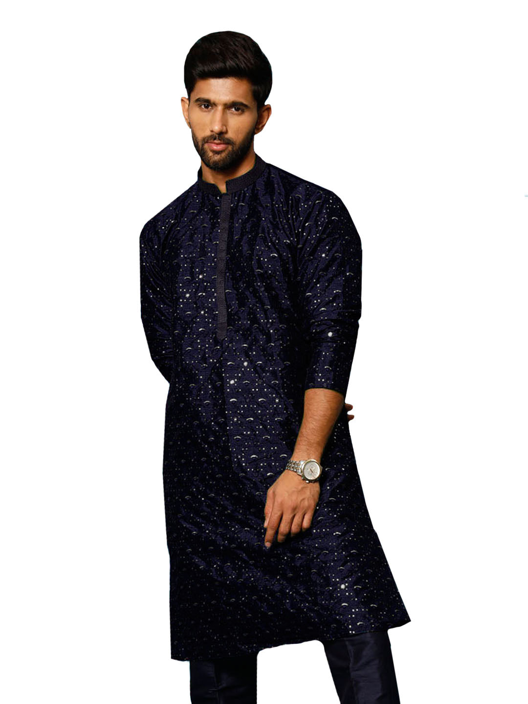 Men's Navy Blue Silk Blend Kurta