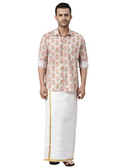 Men's Multicolor-Base-Beige And White Muslin Shirt And Mundu