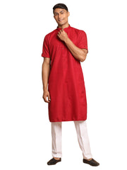 Men's Maroon And White Cotton Blend Kurta Pyjama Set