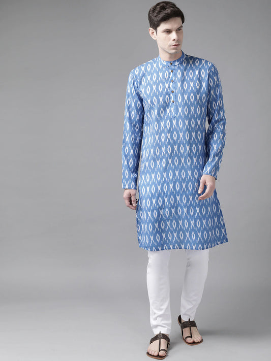 Men's Aqua Blue Cotton Blend Kurta