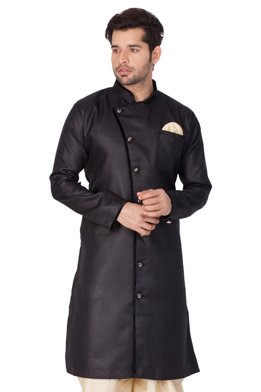 Men's Black Cotton Blend Sherwani Only Top