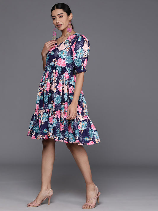 Varanga Women Navy Blue Floral Printed Tiered Dress