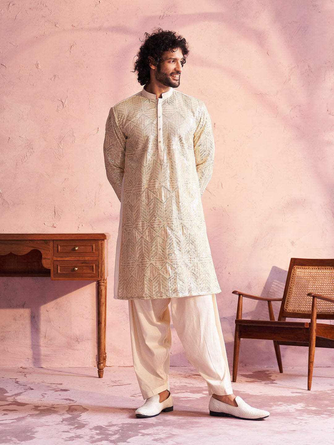 Men's Cream Georgette Kurta and Patiala Set