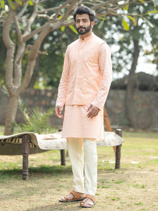 Men's Peach And Cream Cotton Jacket, Kurta and Pyjama Set