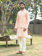 Men's Peach And Cream Cotton Jacket, Kurta and Pyjama Set