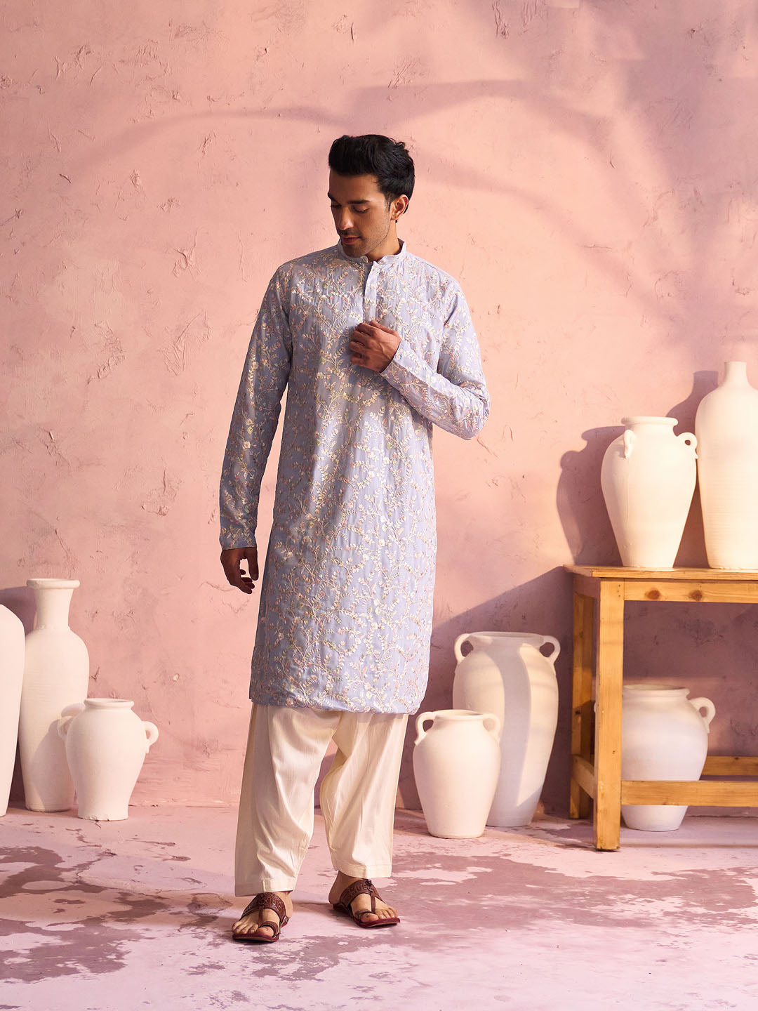 Men's Pastel Blue Georgette Kurta