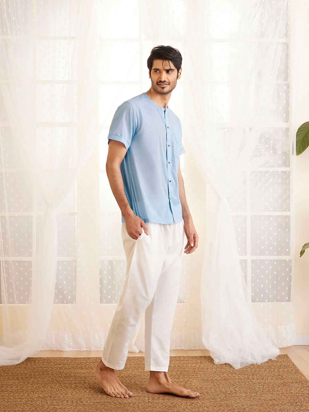 Men's Aqua And White Cotton Kurta Pyjama Set