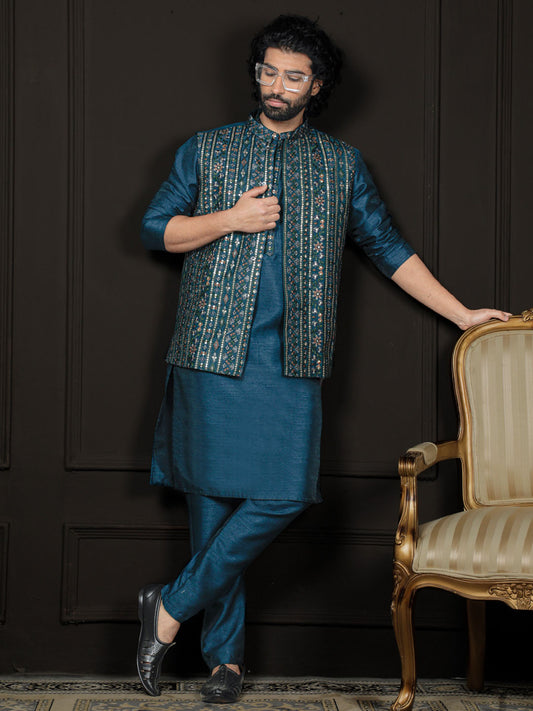 Men's Turquoise Dupion Silk Jacket, Kurta and Pyjama Set