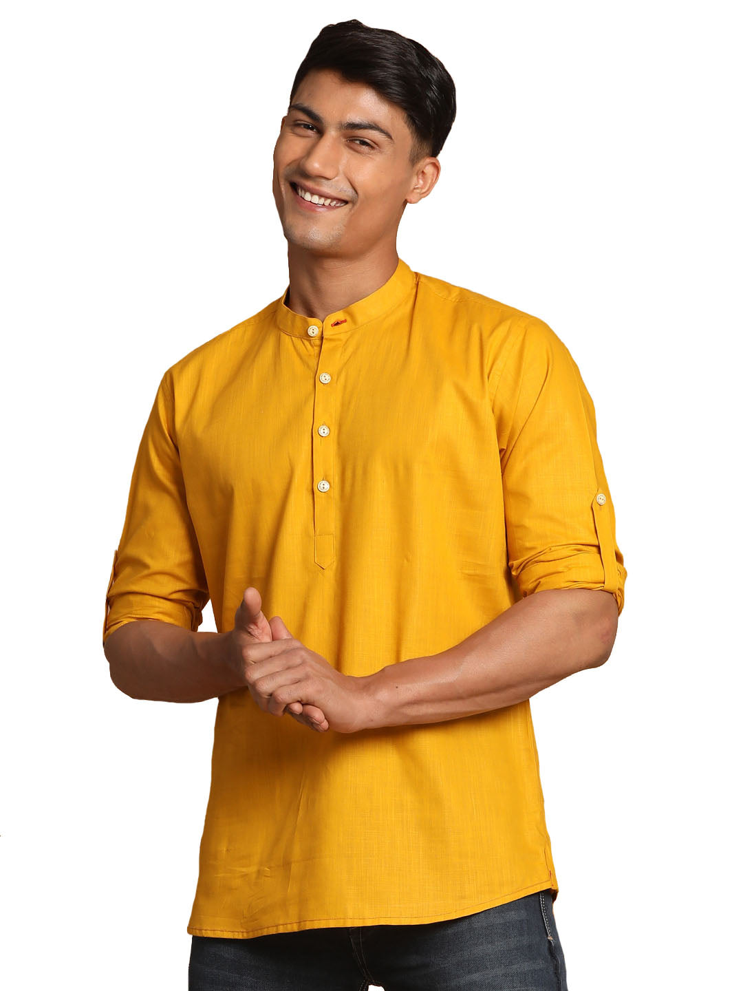 Men's Mustard Cotton Blend Short Kurta