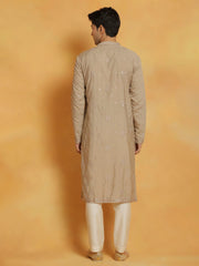 Men's Gray And Cream Silk Blend Kurta And Pyjama Set