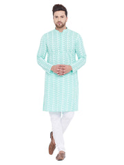 Men's Green and White Cotton Kurta Pyjama Set