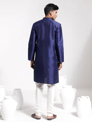 Men's Navy Blue And Cream Dupion Silk Kurta Pyjama Set