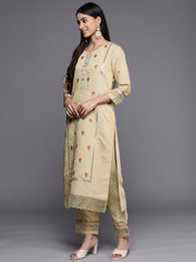 Women Beige Embroidered Kurta  Paired With  Tonal Bottom And Organza Dupatta