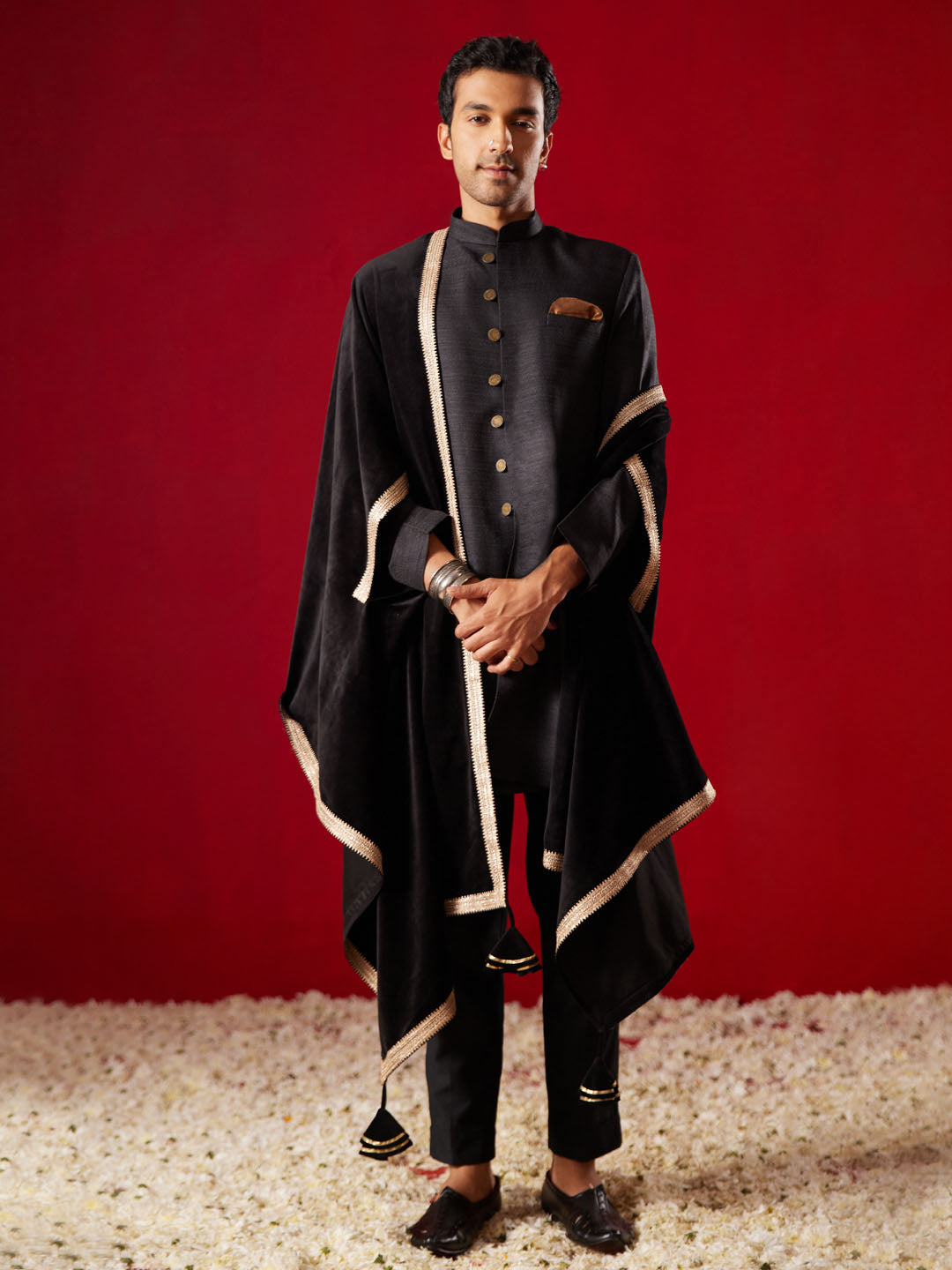 Men's Black Silk Blend Kurta, Pyjama & Dupatta Set