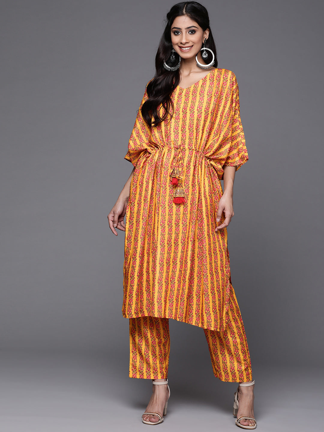 Mustard And Pink Floral Printed V Neck Kaftan Trouser Set