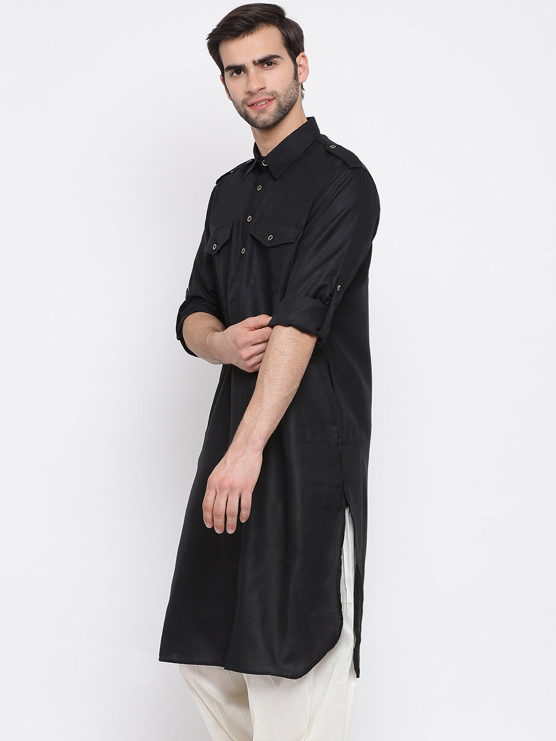 Men's Black Cotton Blend Pathani Kurta