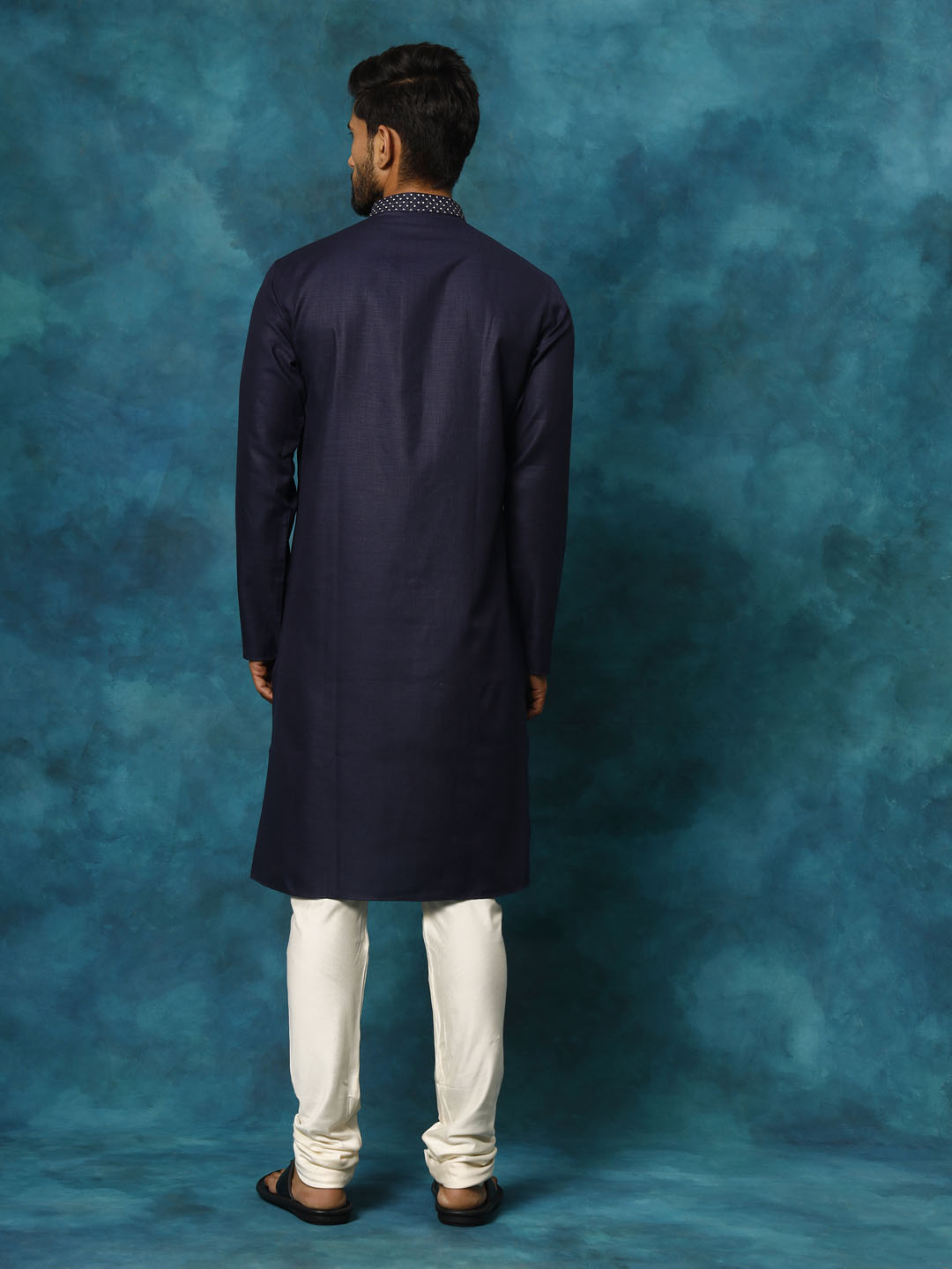 Men's Navy And Cream Cotton Blend Kurta Pyjama Set