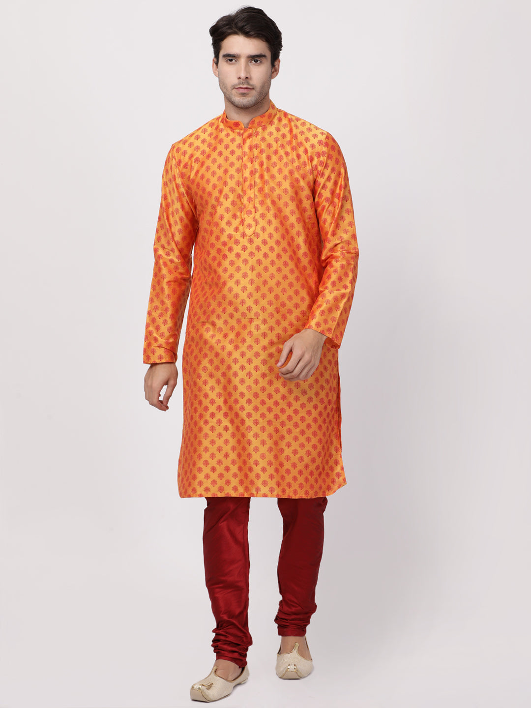 Men Orange Cotton Blend Kurta