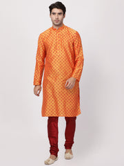 Men Orange Cotton Blend Kurta