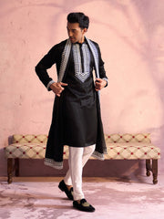 Men's Black And Cream Moonga Silk Kurta, Pyjama & Dupatta Set