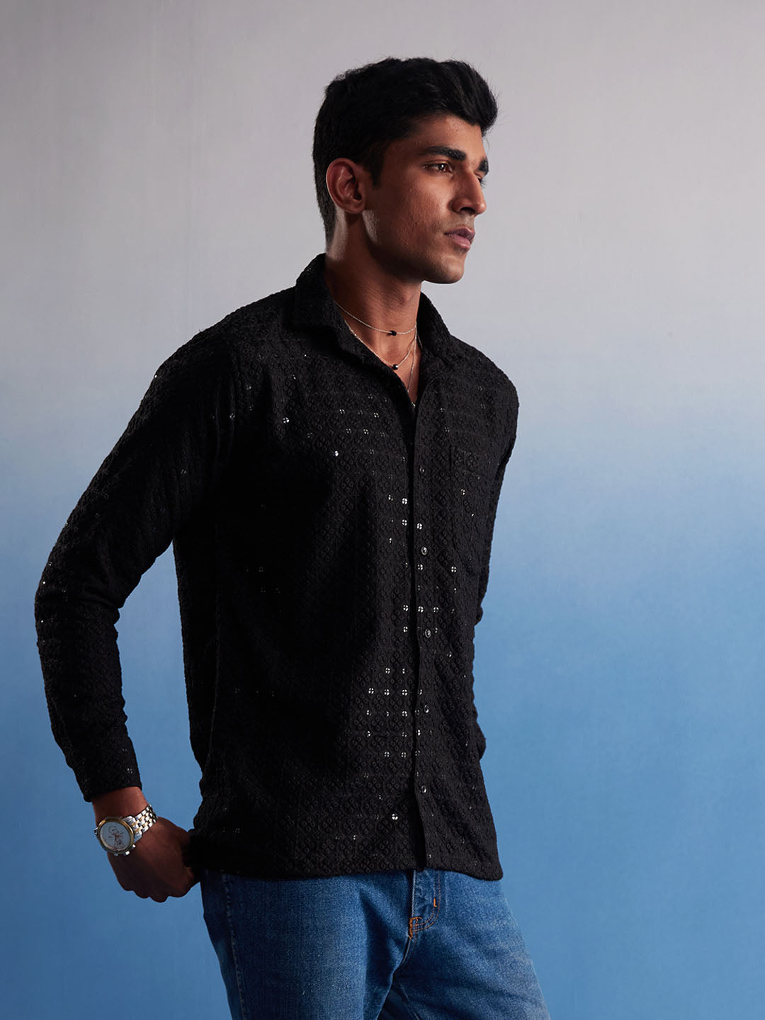 Men's Black Rayon Ethnic Shirt