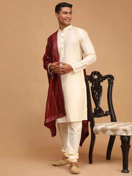 Men's Cream Viscose Kurta, Pyjama & Dupatta Set