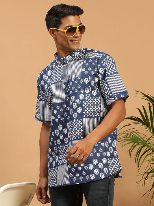 Men's Blue Cotton Short Kurta