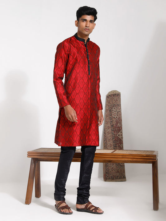 Men's Maroon And Black Silk Blend Kurta Pyjama Set