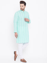 Men's Green and White Cotton Kurta Pyjama Set