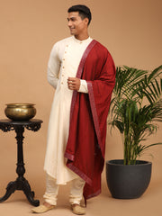 Men's Cream Viscose Blend Kurta Pyjama Set With Dupatta