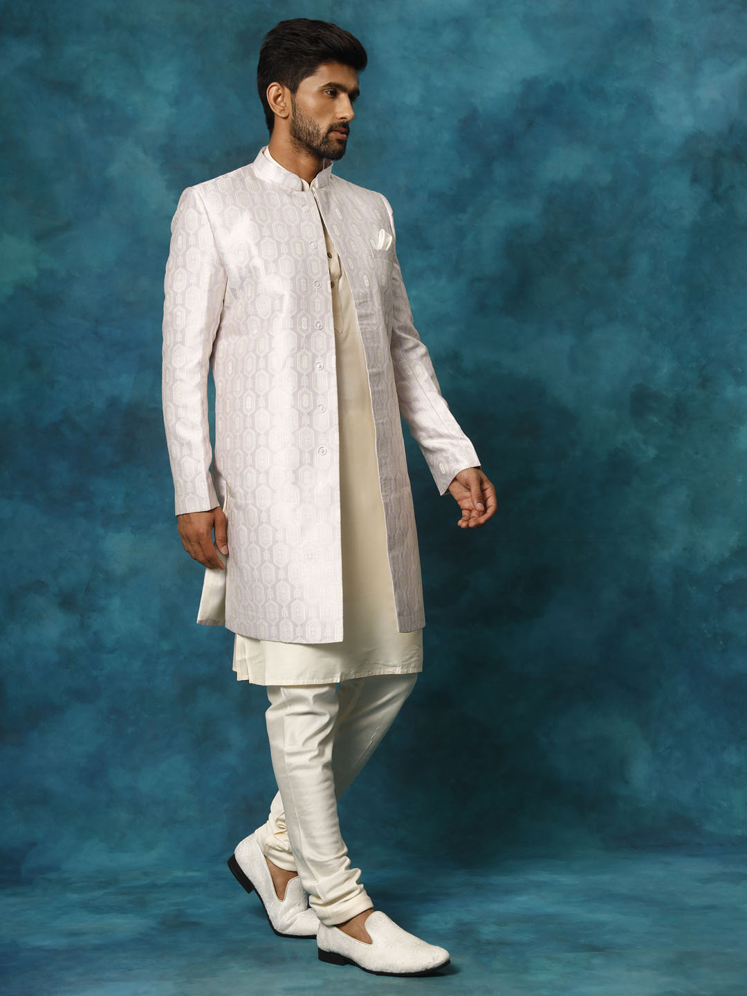 Men's Purple And Cream Viscose Sherwani Set