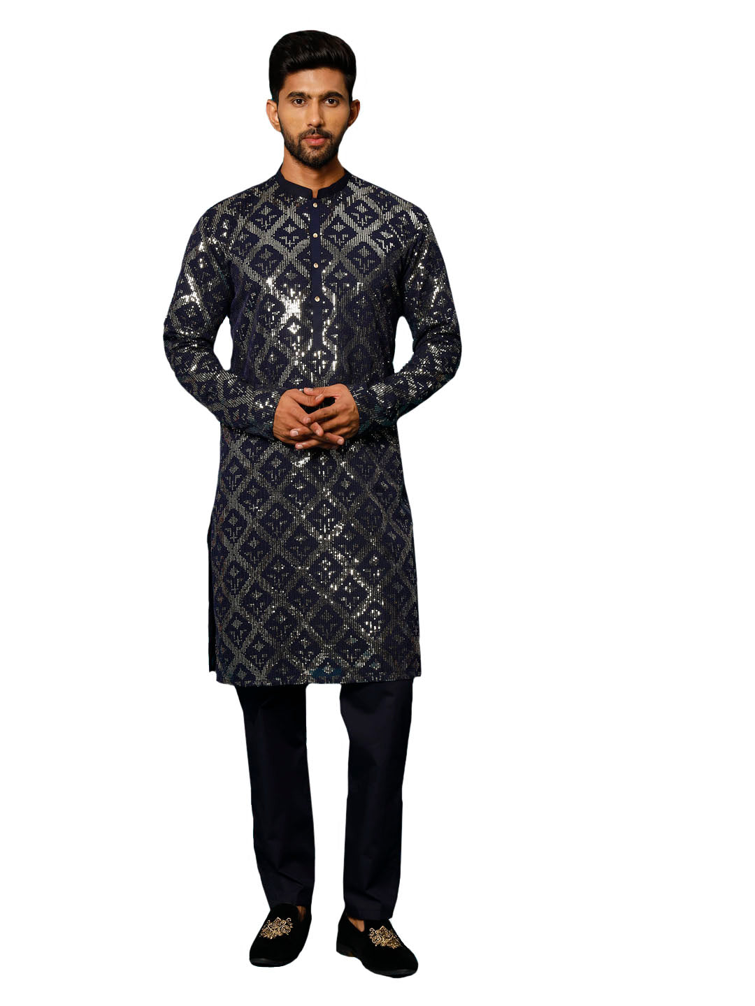 Men's Navy Blue Georgette Kurta Pyjama Set